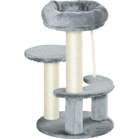 PawHut Katzenbaum mit 2 Kratzstämmen aus Natursisal, 3 Kletterplattformen, Ø 40 x 65 cm (H), hochdichter Plüsch (500 g/m²), Grau