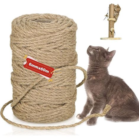 Natural Sisal Rope 60m Diameter Cat Scratching Post Rope 6mm Thick Natural Jute Rope for Cat Tree Replacement or Recovery (1/5)