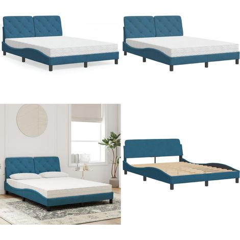 Lit avec matelas bleu 140x190 cm velours - Lit Double - Lit Plateforme - Lit Design - Lit Velours - Literie - Home & Living (1/5)