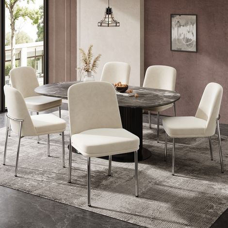 Lot de 6 Chaises de Salle à Manger en Velours Beige, Assise Rembourrée Épaisse, Pieds en Métal Argenté, Design Moderne (1/5)