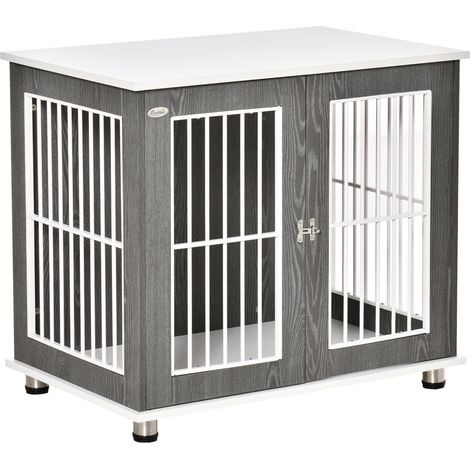 Meuble cage chien avec plateau et coussin 85x55x75 cm gris blanc, installation pratique (1/5)