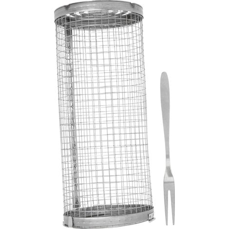 Cylindre grill en fil d'acier inoxydable, panier barbecue roulant à grille ouverte, pour poisson, légumes et frites. (1/5)