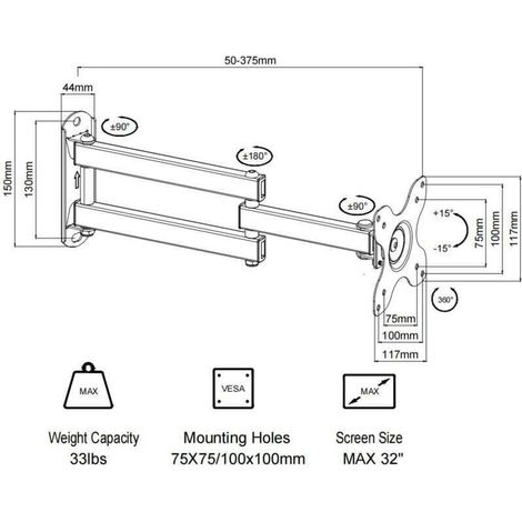 Support mural pour téléviseur avec bras articulé pour,bras extensible de 15 pouces, pour la plupart des écrans plats LED de 13 à 32 pouces avec des trous de montage jusqu'à 100x100mm, noir (1/5)
