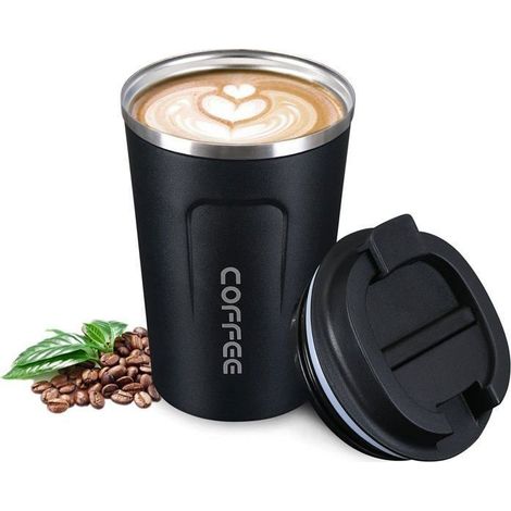 Tasse à Café Isotherme,Tasses à café de voyage Mug de Voyage, 380ml Étanches Tasse de Voiture à Double paroi Tasse Isotherme,noir (1/5)