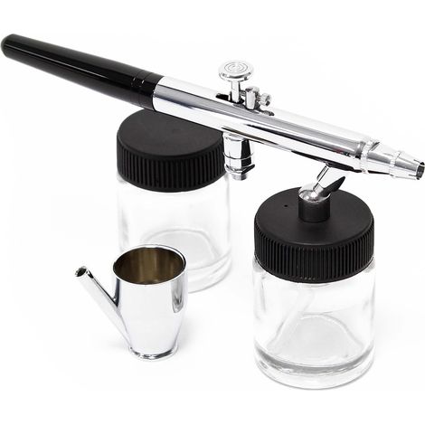 Wiltec Airbrush Pistole Typ 128 mit Double Action Funktion, Nadel und Düse Ø 0,35 mm, 3 Farbbecher, Adapter und Schlauch, für Modellbau, Nailart usw.