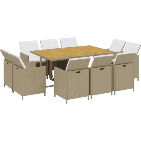 Set da Pranzo da Giardino 11 pz con Cuscini in Polyrattan Beige vidaXL