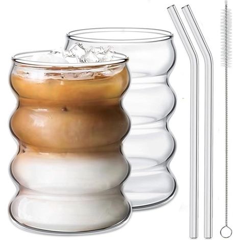 Verres à boire avec pailles en verre - Lot de 2 - 414 ml (14 oz) - Verres à cocktail, verres à café glacé, verres à bière (1/5)