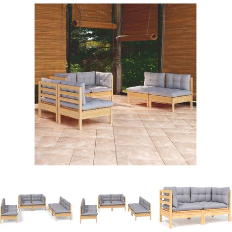 6-tlg. Garten-Lounge-Set Gartenmöbel-Set Terrassen-Sitzgruppe mit Grauen Kissen Kiefer Massivholz ZDEH98420 MaisonChic (1/5)