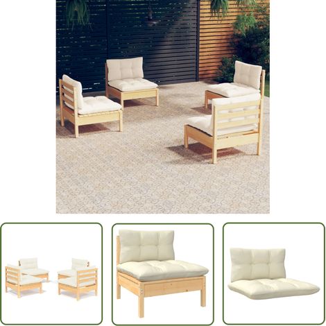 INLIFE Salon de jardin 4 pcs avec coussins crème Bois de pin (1/5)