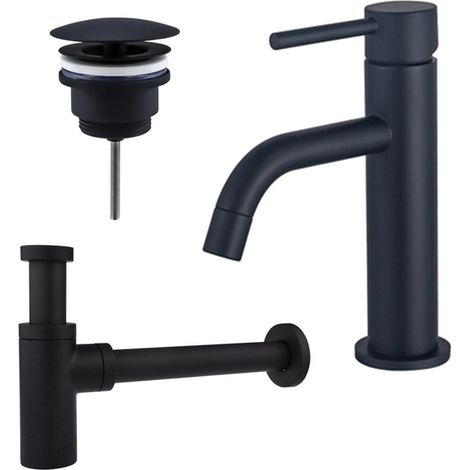 FugaFlow Eccelente Sobrado Slim Slim Kit mitigeur lavabo - robinet bas - bonde nonobturable - siphon design - Noir mat (1/4)