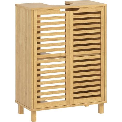 Mueble de almacenamiento para debajo del lavabo, armario de baño con puertas de lamas, fabricado en bambú, con estantes ajustables, hecho de material natural. (1/5)