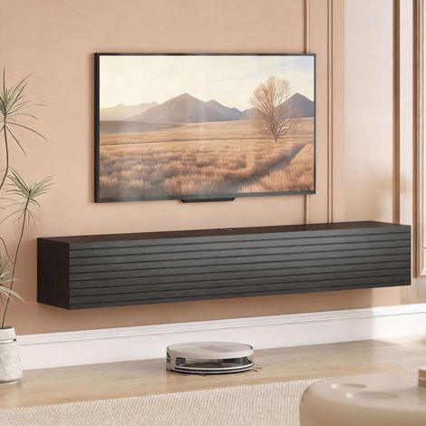 Meuble TV suspendu 140cm, meuble télé pour téléviseur 72 pouces, 2 portes rabattables, 140x25x22cm, noir (1/5)