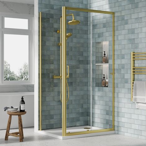 Nuie Rene Sliding Shower Door 1400mm Wide with Brushed Brass Profile - 6mm Glass