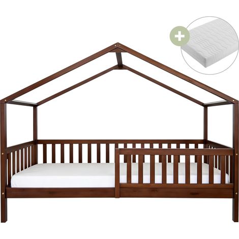 Sunny Kae Lit Cabane Avec Barrière De Sécurité, En Bois, Marron Au Sol - Matelas Hybride 90 X 200 Inclus - Montessori Dimensions Totales: 207 X 96 X 156,5 Cm (1/5)