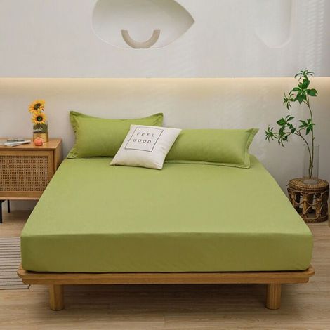 Drap housse matelas coton lavé uni antidérapant anti-poussière, avec taie oreiller, couvre-lit simple (1/2)