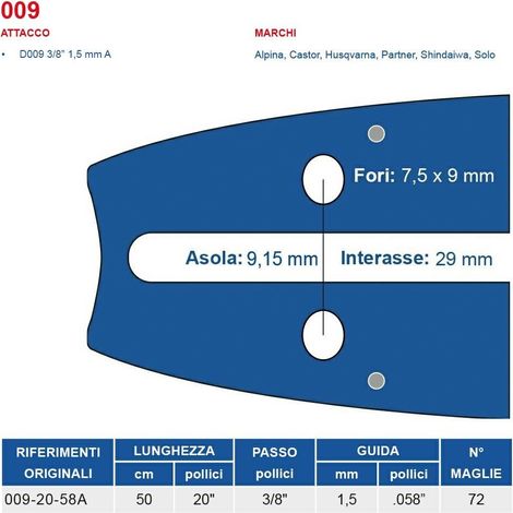Barra motosega 50 cm - 20" passo 3/8", spessore 1.5 mm - .058" attacco 009, 72 maglie 452740
