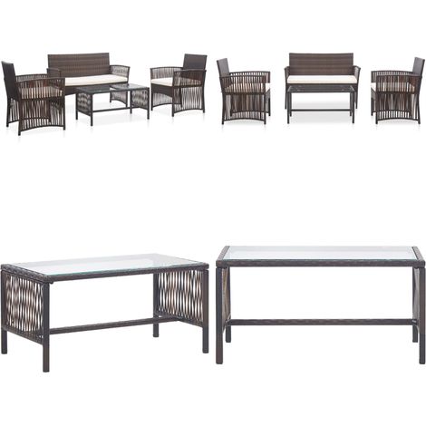 Set muebles de jardín 4 piezas y cojines ratán sintético marrón - Banco de jardín - Sillas de jardín