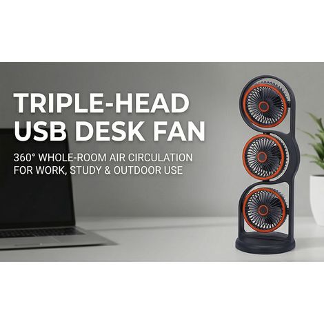 Ventilateur bureau portable rechargeable USB 3 têtes multi-vitesses lumière étude et extérieur gris (1/5)