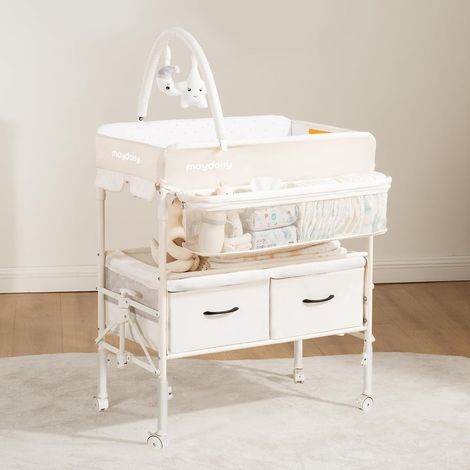 Table à Langer Bébé Pliante avec Roulettes - Hauteur Réglable, Plan à Langer Mobile avec Matelas Imperméable (1/5)