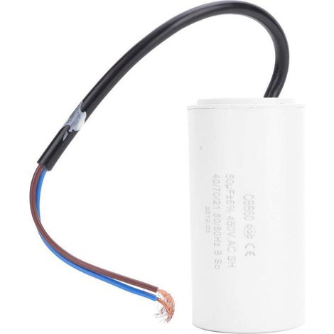 Condensateur de fonctionnement CBB60 450 V 50 µF avec fil gainé. Convient aux moteurs, compresseurs de climatiseurs et autres applications. (1/5)