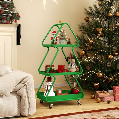 Chariot de Rangement Sapin de Noël Chariot de Noël à 3 Niveaux avec Étoile au Sommet Cadre Métallique & Roulettes Table d'Appoint Vert (1/3)