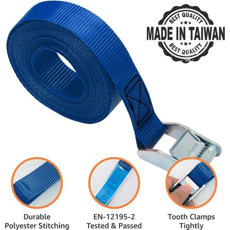 4-teiliger Zurrgurt – 3 m × 25 mm, max. Belastung 150 kg, DIN EN 12195-2, blau