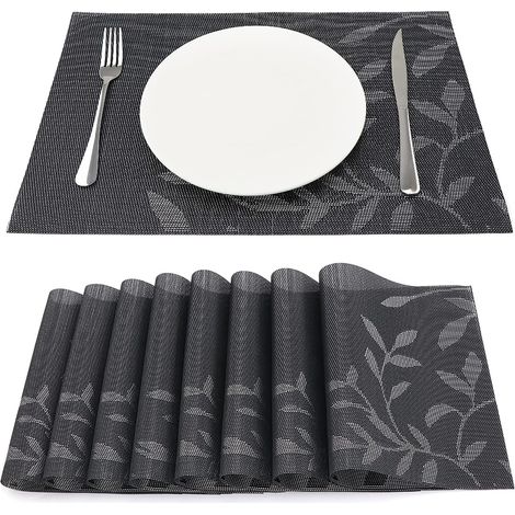 Lot de 8 Sets de Table Vinyle Résistant à l'usure à la Chaleur, Tissées pour Napperons de Cuisine 45 cm 30 cm, Feuilles Foncées (1/5)