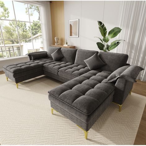 Divano angolare a forma di U, 262x134 cm, da 4 a 5 posti, con 2 chaise longue, 2 cuscini, tessuto ciniglia grigio, gambe in metallo.