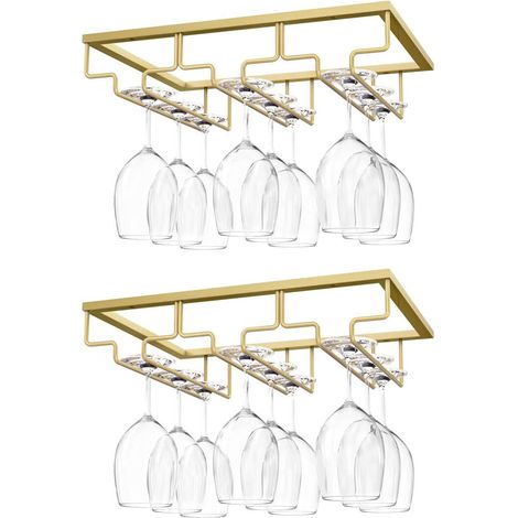 2 Porte-verres suspendus, support métal 3 rails, dessous étagère, armoire cuisine, or
