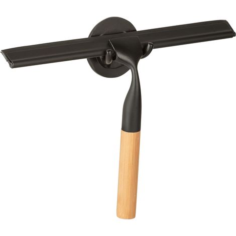 WENKO Raschietto per doccia Bambusa, raschietto per bagno, acciaio inossidabile - manico in legno di bambù, 24,3x17x3,5 cm, nero - marrone (1/5)