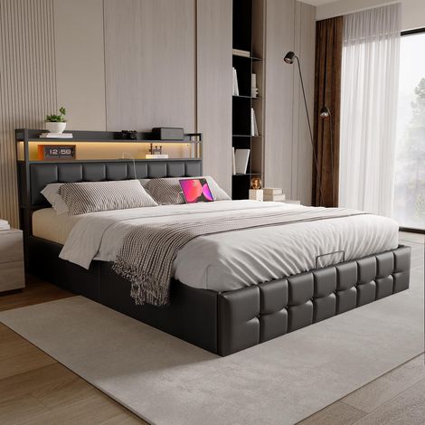 Letto contenitore 140x190 cm - Letto matrimoniale con LED RGB, stazione di ricarica USB/Type-C e vano contenitore idraulico - Similpelle PU effetto litchi - Nero