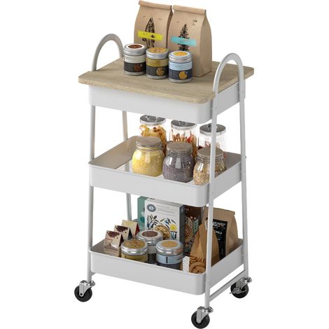 Chariot de service 3 niveaux plateau supérieur paniers poignées 45 x 32 x 77.5 cm chêne
