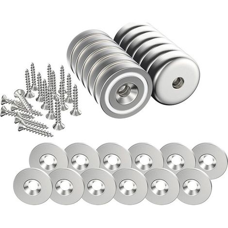 12 Stück Neodym-Magnete, 10 kg Kraft, 20 x 7 mm mit Loch und Kapsel, Senkkopf-Topfmagnet mit Schraube und 12 Stahlpads (Hellsilber)
