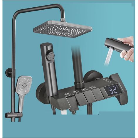 Ensemble de douche mitigeur thermostatique intelligent Ensemble de douche numérique Piano gris robinets de douche de salle de bain en laiton Intelligent robinet cascade chaude et froide système de dou (1/5)
