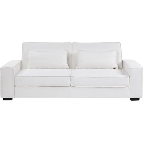 Sofá cama 3 plazas tapizado de tela con cojines mecanismo clic clac patas de plástico sala de estar dormitorio blanco Arole