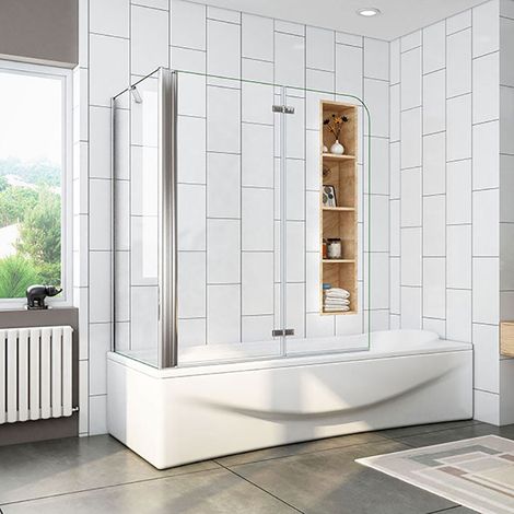Mamparas de Bañera Cristal Plegable 2 Hojas Pivotante 6mm Antical Con Pantalla Fija 90x70x140cm