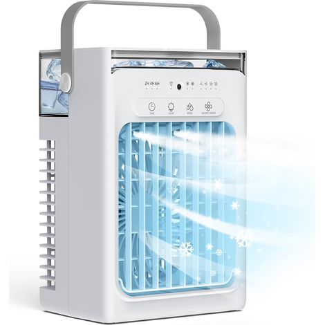 Climatiseur mobile avec réservoir d'eau de 1 000 ml, refroidisseur d'air portable à refroidissement par eau avec 4 vitesses, 2 modes de pulvérisation, minuterie, télécommande, ventilateur avec éclaira (1/5)