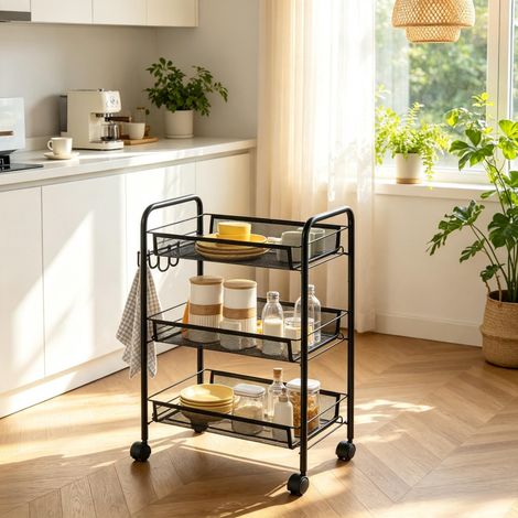 Chariot à trois niveaux avec paniers en filet et crochets, chariot de rangement moderne, chariot de cuisine polyvalent, élégant chariot à étagères roulant (uniquement avec chariot de rangement) (1/5)