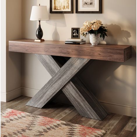 Consolle stretta con gambe a X, 140 x 30 x 80 cm, truciolato, marrone (1/5)