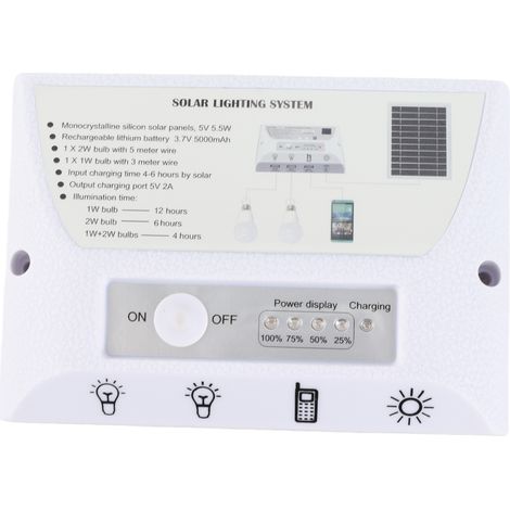 Lámpara solar de camping con panel y batería de 5000 mAh – 230 x 180 mm, carcasa de ABS blanco, 100–200 lm – Para garaje, granero, establo y emergencias. (1/5)