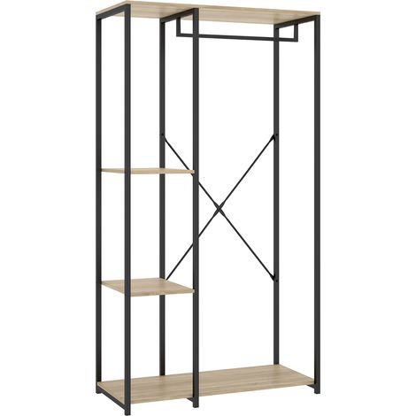 Portant à vêtements de structure métallique avec 3 étagères de rangement, coloris naturel/noir - Hauteur 167 x Longueur 90 x Profondeur 40,4 cm (1/5)