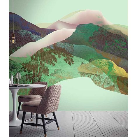 Papier peint panoramique arbre à motif nature Tapisserie panoramique vert, rose & jaune Papier peint panoramique montagne magique salon et couloir (1/3)