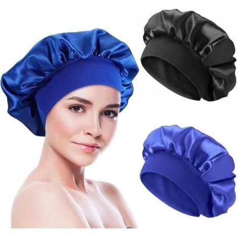 2-teiliges Satin-Nachthauben-Set, Seidenhaube für Damen, Satinhaube mit weichem Gummiband, Nachthaube (Schwarz + Blau) (1/4)