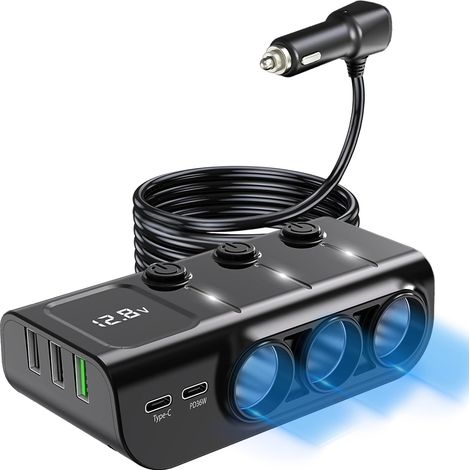Splitter per accendisigari 8 in 1, adattatore per caricabatteria da auto a 3 prese, doppia porta USB tipo C QC3.0 PD36W, presa accendisigari 12 V/24 V con interruttori indipendenti, voltmetro a LED (c