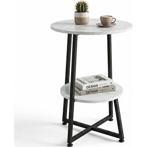 Relaxdays Marble-Effect Side Table, 2 Shelves, Round Coffee Table, Metal & MDF, H x Dia. 55 x 40 cm, White/Black (1/5)