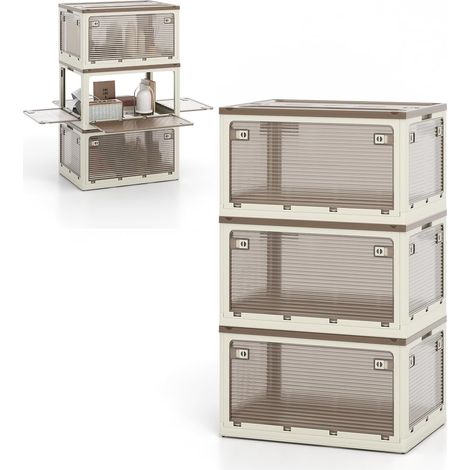GOPLUS Lot de 3 Bacs de Rangement Empilable en Plastique 3x98L-Boîte Pliable à 5 Portes avec Couvercle et Roulette 66,5x46,5x111,5CM Blanc