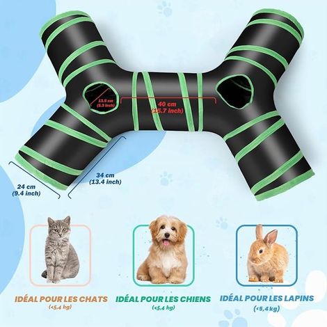 Tunnel de chat, Tube de tunnel de jeu pliable à 4 voies pour chat avec sac de rangement pour chats, chiots, lapins, furets, cochons d'Inde, utilisation intérieure et extérieure (1/4)