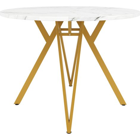 Tavolo da pranzo rotondo 100x100x76 cm con piano in MDF effetto marmo e gambe in metallo oro (1/5)