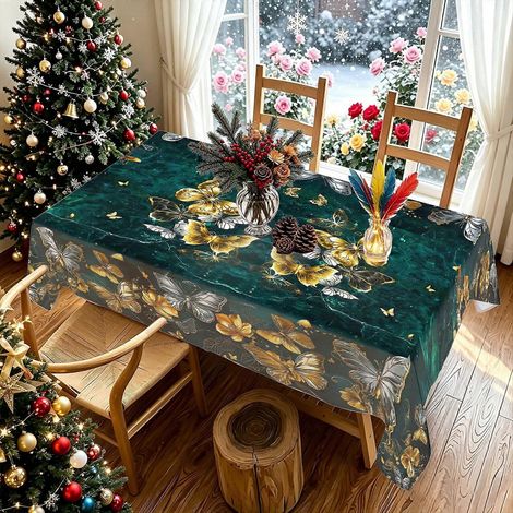 Nappe rectangulaire élégante et festive, imprimée en 2D, vert foncé, motif papillons dorés et argentés, plusieurs tailles, idéale pour Noël. Disponible en plusieurs tailles. (1/4)