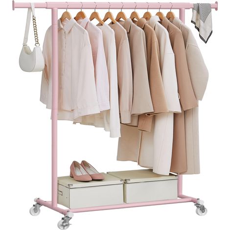 Portant à Vêtements avec Roulettes, Tringle Extensible pour Charge Lourde, Porte-manteau, Capacité de Charge 100 kg, 45 x (92-132) x 161,5 cm, Montage Facile, Rose Bonbon HSR013R01 (1/5)